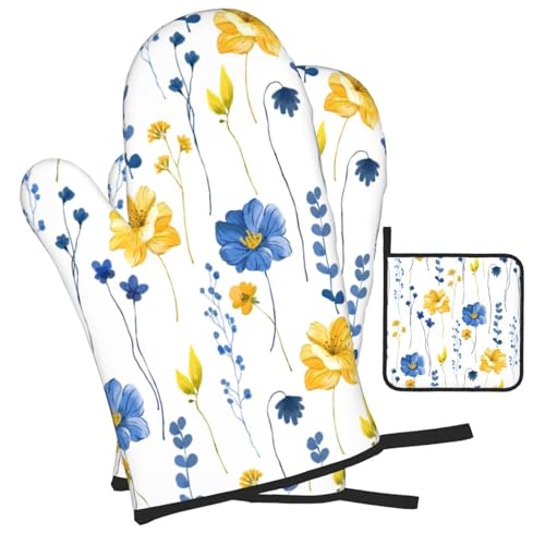 Navy Blue Yellow Flower Oven Mitts and Pot Holders Sets of 3 Watercolor Floral Decorative Hot Pads Heat Resistant Non Slip Washable for Cooking Grilling Baking BBQ Kitchen Decor (3 Count)