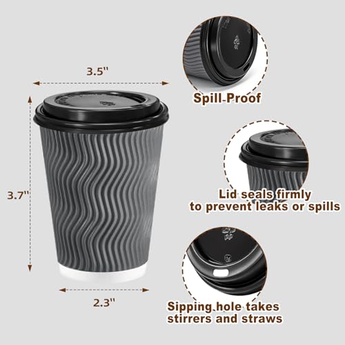 50 Pack 10 oz Insulated Disposable Coffee Cups With Lids (Gray / 10 oz-50Pack)