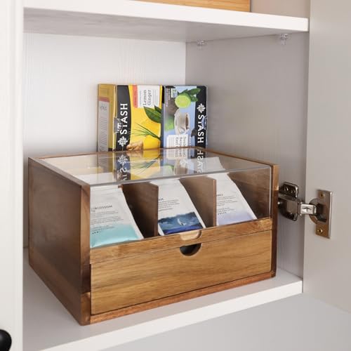 Acacia Wood Tea Organizer 2 Tier with Drawer (2-Tier Acacia Wood)