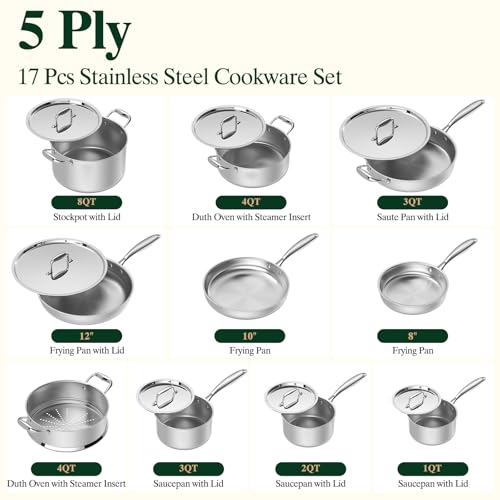 17Pcs 5 Ply Clad Stainless Steel Cookware Set with Lids (17Pcs 5 Ply Clad cookware set)