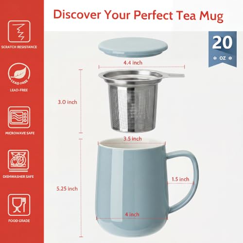 20 OZ Porcelain Tea Mug with Infuser and Lid (Bluish Grey)