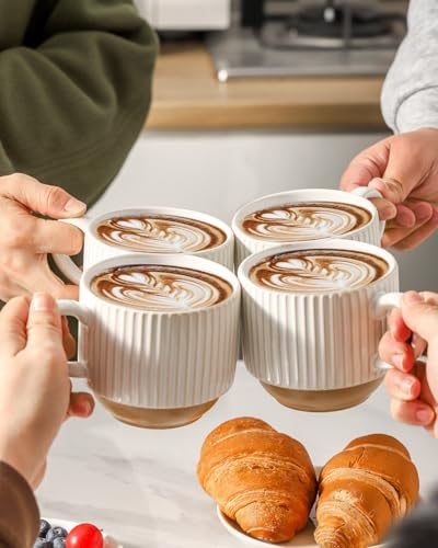 15 oz Ribbed Stackable Ceramic Coffee Mug Set of 4 (White & Light Brown / 15 Ounces)