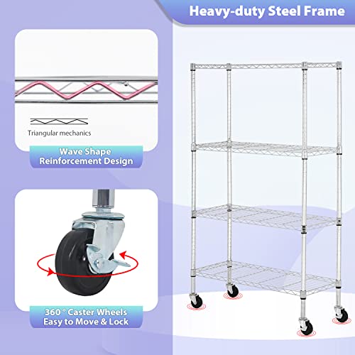 4 Tier Wire Shelf with Wheels (Chrome / 36×14×62)
