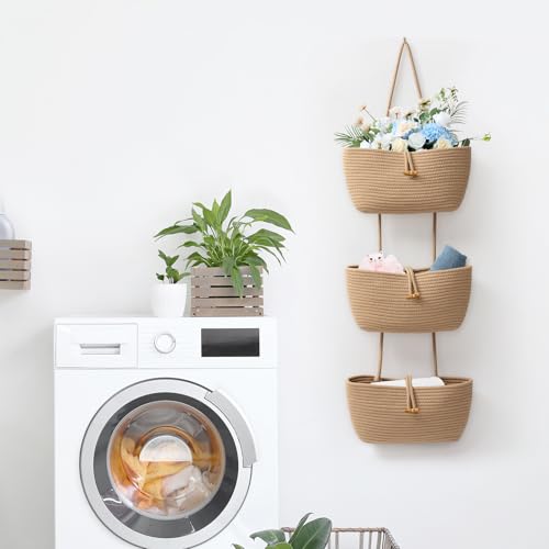 3 Tier Cotton Rope Baskets with Button Strap Over the Door Wall Hanging Baskets for Nursery (Jute / 3 tier+Button)