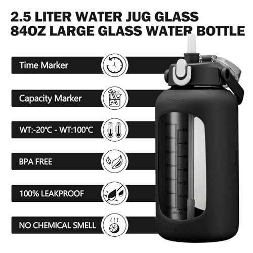 84oz Glass Water Bottle with Straw (Black / 84 Ounces)