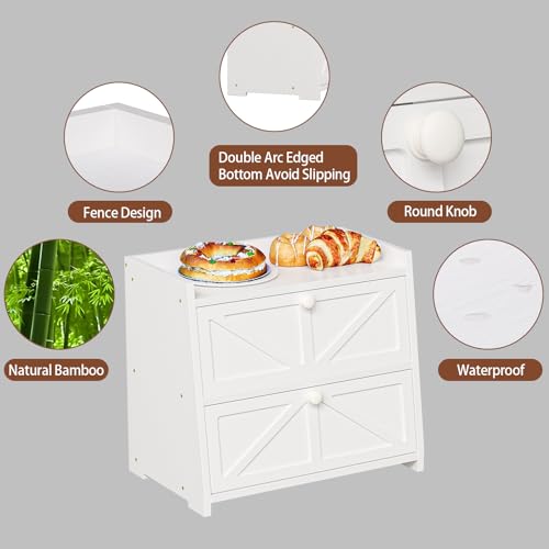 Vintage Double Layer Bread Box for Kitchen Counter Bamboo Bread Storage Container Large Capacity Bread Storage Bin (White)