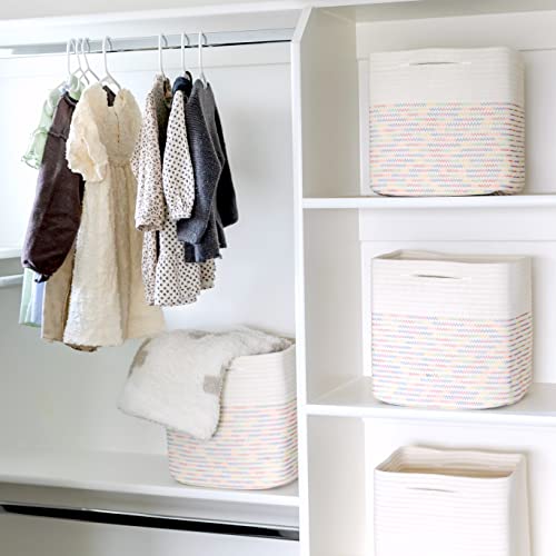 Storage Cubes 11 Inch Cotton Rope Woven Baskets for Organizing (Off White & Rainbow Stitching)