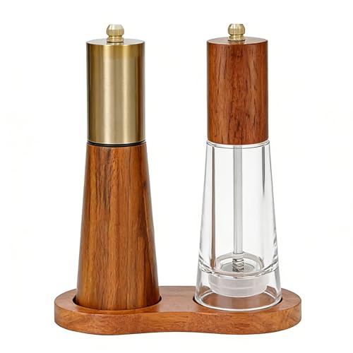 Wooden Salt and Pepper Grinder Set with Base And Acrylic Body Pepper Mill (Gold-Brown+Acrylic)