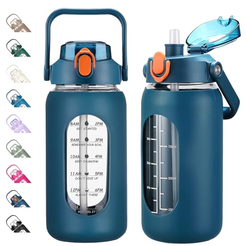 42oz Glass Water Bottles with Straw (Blue / 42 Ounces)
