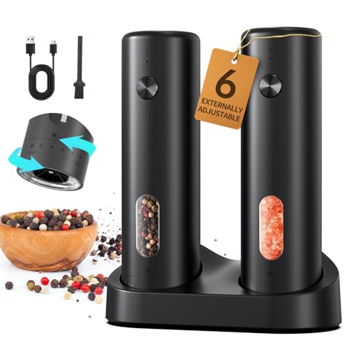 Rechargeable Electric Salt and Pepper Grinder Set with Charging Base (Midnight Black)