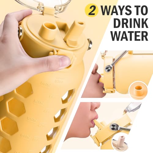 64oz Glass Water Bottle with Straw and Lid (Yellow / 64 Ounces)