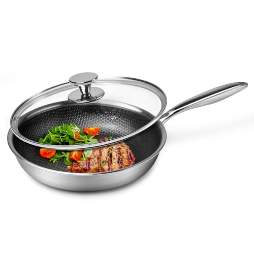 Stainless Steel Frying Pan Nonstick Frying Pan with Lid 10 Inch Honeycomb Stainless Steel Skillet Woks Pan for Gas Electric Induction Ceramic Stoves and Oven (10 Inch With Lid)