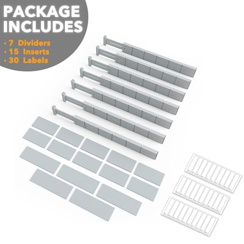 Bamboo Drawer Dividers with Inserts and Labels (2.35''H, 17''-22''L, 7 Dividers / GRAY)