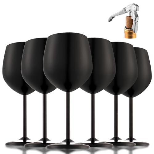 Stainless Steel Wine Glasses Set of 6 with 1 Corkscrew (Matte Black / Set of 6)