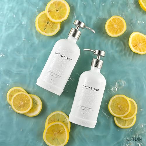 Glass Kitchen Soap Dispenser Set with Ceramic Tray (White Bottles + Silver Pumps)
