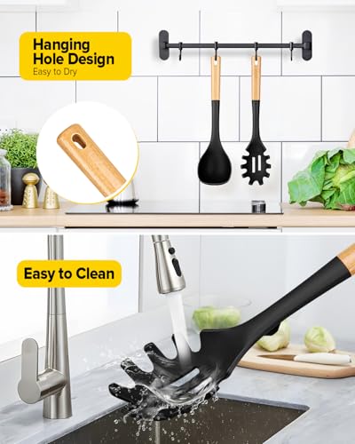 Silicone Soup Ladle and Pasta Spoon Set with Wooden Handle (2 Count)
