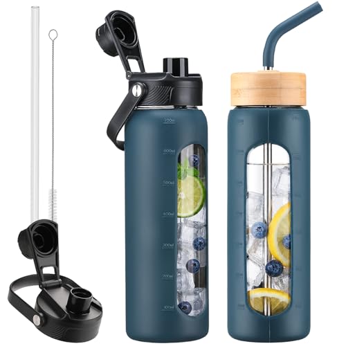 24 oz Glass Water Bottle with Straw and 2 Lids (Dark Blue / 24 Ounces)