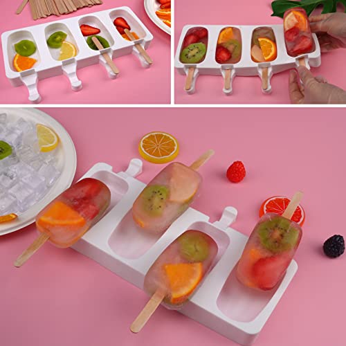 2 Pack 4 Cavity Mini Popsicle Silicone Molds with 50 Wooden Sticks (2 Pcs Mini - White)