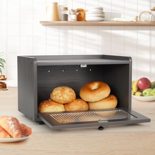 Bread Box for Kitchen Countertop Storage Wooden Breadbox Holder Container Morden Rustic Fresh Bread Keeper Farmhouse Stackable Organizer Bin for Homemade Food Shelf Acrylic Window