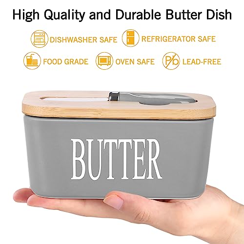 Ceramic Butter Dish with Bamboo Lid and Stainless Steel Knife Spreader Grey