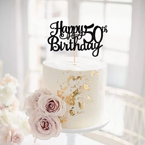 1 PCS Happy 50th Birthday Cake Topper Glitter Cheers to 50 Years Birthday Cake Pick 50 Fabulous Cake Decoration for Happy 50th Birthday Anniversary Party Decorations Supplies Black (Black / 50th)