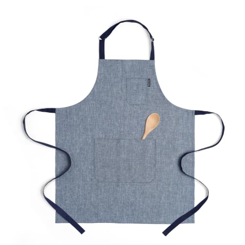 100% Pure Linen Kitchen Apron (Denim Blue / Navy / 32 X 27 Inch)