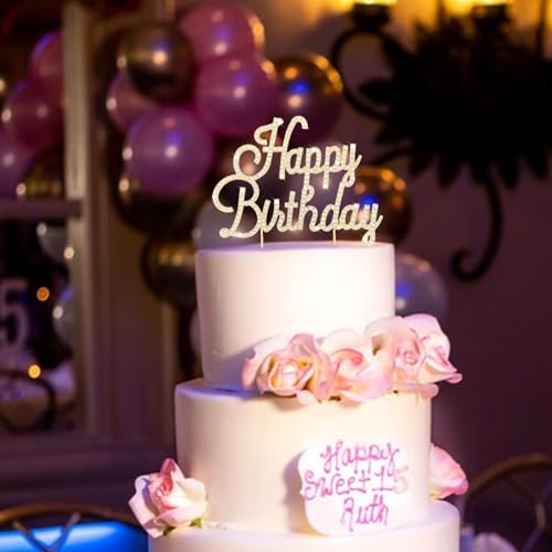 Gold Happy Birthday Cake Topper Metal Rhinestones Birthday Cake Decorations for Women (happy birthday)
