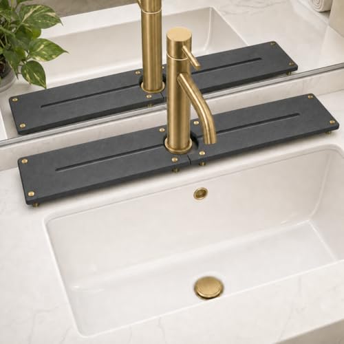 2PCS Stone Faucet Mat for Kitchen Sink (24"x 4" - Dark Gray - Gold)