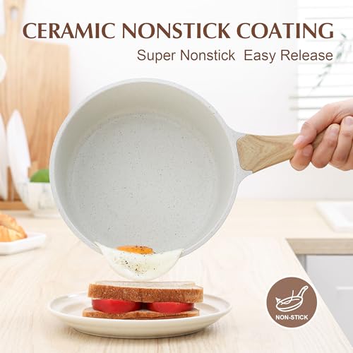 White Ceramic Nonstick Saucepan with Lid Set (White Ceramic / 2.0 + 2.5 Quarts)