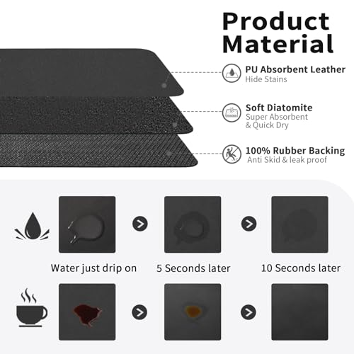 Coffee Mat Absorbent Hide Stain Rubber Backed Dish Drying Mat for Kitchen Counter (Black / 16" x 24")