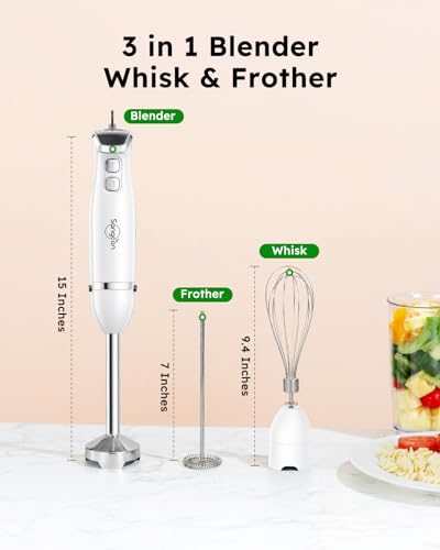 Immersion Blender Handheld (3 In 1 Immersion Blender & Stick & Milk Frother / White)