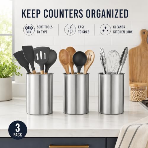 3 Pack Large Stainless Steel Utensil Holders (Silver)