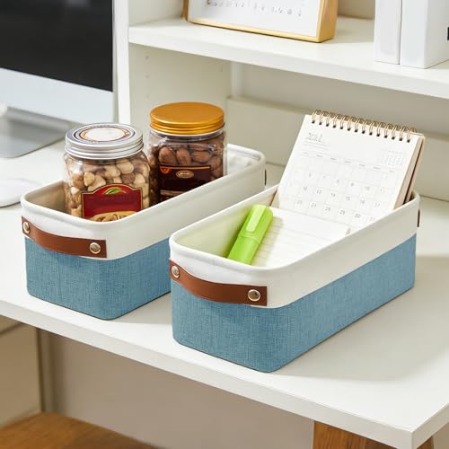 Small Fabric Storage Baskets (Teal / Off-White / Narrow-15"x6"x5")