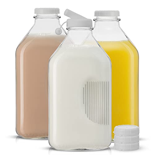 Glass Milk Bottles with Lids and Pourer (64 Oz)