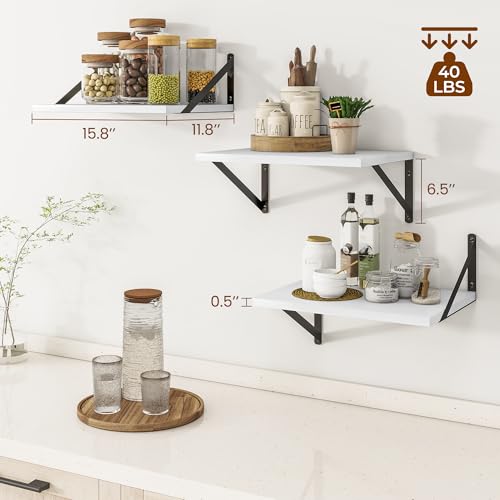16W x 12D Deep Floating Shelves Set of 3 White (White With Black Metal Bracket / 16wx12dx5.8h)