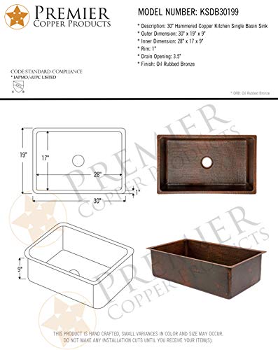 KSDB30199 30 Inch Hammered Copper Kitchen Single Basin Sink (30" x 19" x 9")