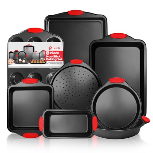 Non-Stick 8-Piece Baking Pan Set, BPA-Free Carbon Steel Bakeware Set with Silicone Handles, Stackable Kitchen Oven Set, Cookie Sheet, Baking Tray, Baking Sheet Set, Oven Safe (446°F) (8 Piece)