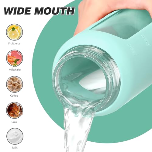 32oz Glass Water Bottle with Straw and 2 Lids (Mint Green / 32 Ounces)