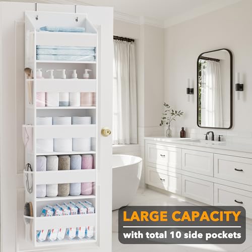 1 Pack Over The Door Organizer with 5 Large Pockets and 10 Mesh Side Pockets (1 Pack / White)