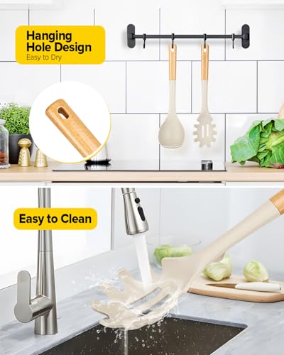 Silicone Soup Ladle and Pasta Spoon Set with Wooden Handle (2 Count)