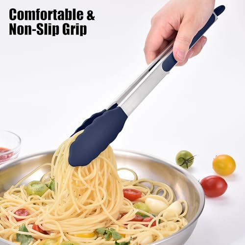 Kitchen Tongs with Silicone Tips for Cooking Serving (Set of 3 (7+9+12in) / Navy Blue)