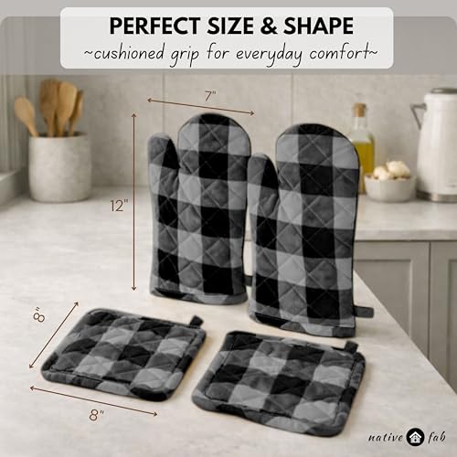 Buffalo Plaid Check Oven Mitts and Pot Holders Set of 4 (Buffalo, Light Grey & Black)