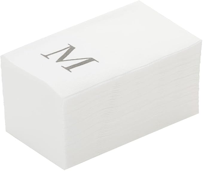 Luxenap 15.8 X 7.9 Inch Linen-Feel Guest Towels, 50 Lettered Hand Towels - Silver Letter 'M', Sans Serif Font, White Paper Dinner Napkins, airlaid, For Restrooms And Tables - Restaurantware