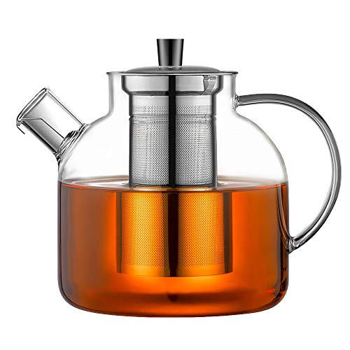 1500ml(50oz) Glass Teapot with Removable Infuser, Ehugos Stovetop Safe Large Tea Pot, Blooming and Loose Leaf Hand Crafted Kettle for Women and Adult with Stainless Infuser (Style 1-1500ML)