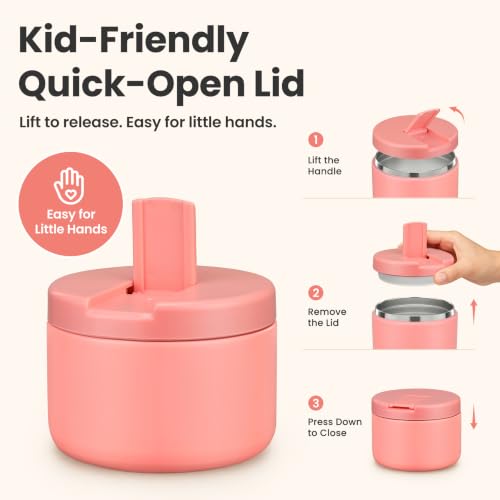 12oz Insulated Vacuum Food Jar with Buckle Lid Wide Mouth Soup Thermo for Hot Food Kids Leakproof Stainless Steel Lunch Container (Pink / 12OZ)