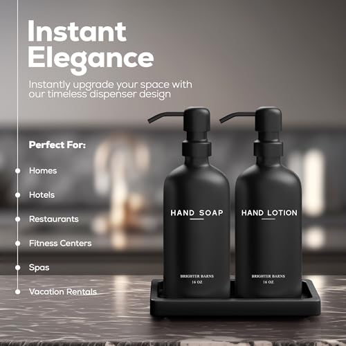 Black Glass Soap and Lotion Dispenser Set with Tray by Brighter Barns (Black Sl)
