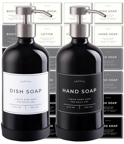 Hand and Dish Soap Dispenser for Kitchen and Bathroom (Gloss Black Bottle / Brushed Silver Pump)