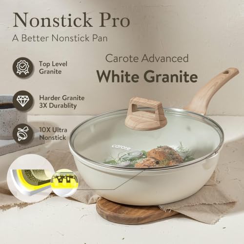 12 Inch Nonstick Deep Frying Pan with Lid (Cream White / 12")