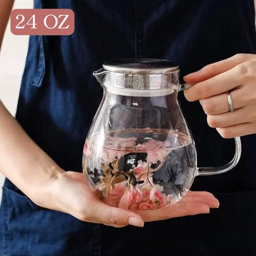 Glass Teapot with Removable Stainless Steel Filter Lid Stovetop & Microwave Safe Borosilicate Glass Kettle for Loose Leaf (24OZ)