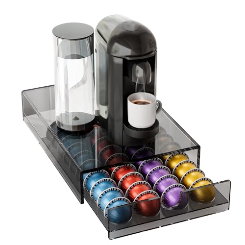 Acrylic Coffee Pod Organizer for Nespresso Vertuo Pod Holder 40 Pods Clear Vertuo Pod Storage Drawer (Transparent Black)